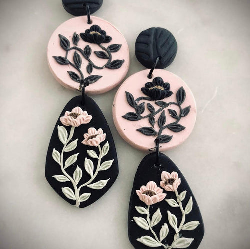 Blush and Noir Drops: three-tier earrings in blush pink and black with floral vines