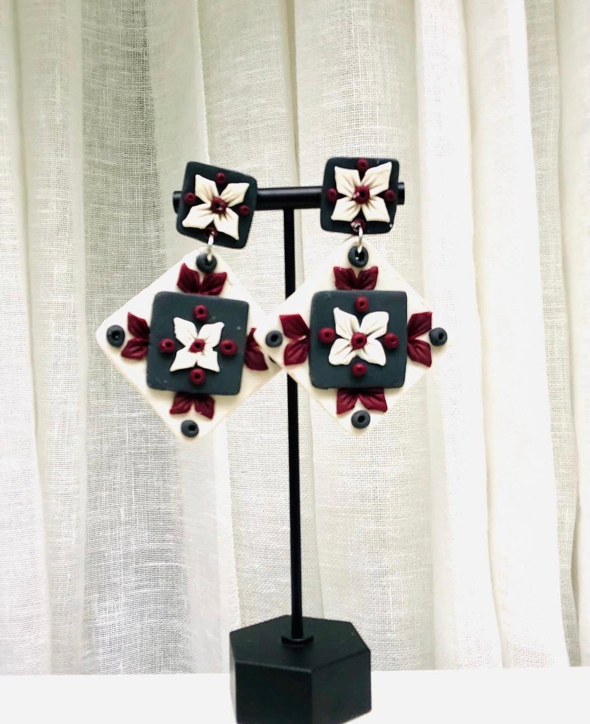 Burgundy Tile Drops: diamond earrings with charcoal tiles, cream flowers and burgundy leaves