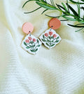 Coral Tulip Drops: scalloped white earrings with coral tulips and peach studs