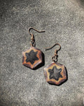 Ember Star Earrings: hexagon earrings in copper and amber with a dark star center