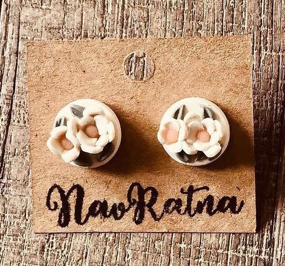 Magnolia Studs: small cream flower studs on a NavRatna card