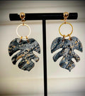 Marble Monstera Earrings: grey marbled leaf earrings with gold flakes and gold hoops