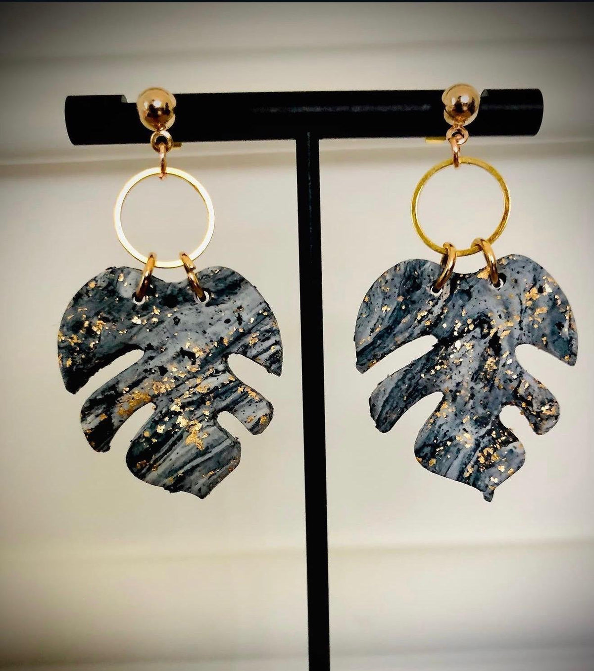 Marble Monstera Earrings: grey marbled leaf earrings with gold flakes and gold hoops