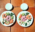 Mint Garden Drops: round mint earrings with coral, pink and white clay flowers
